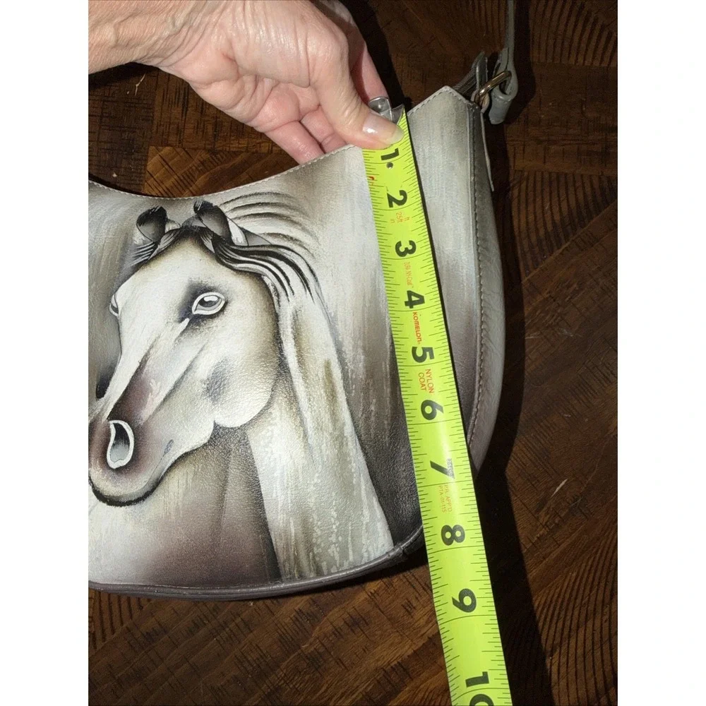 Anuschka Hand Painted Zip Hobo Grey Horse Equestrian Western Leather Handbag